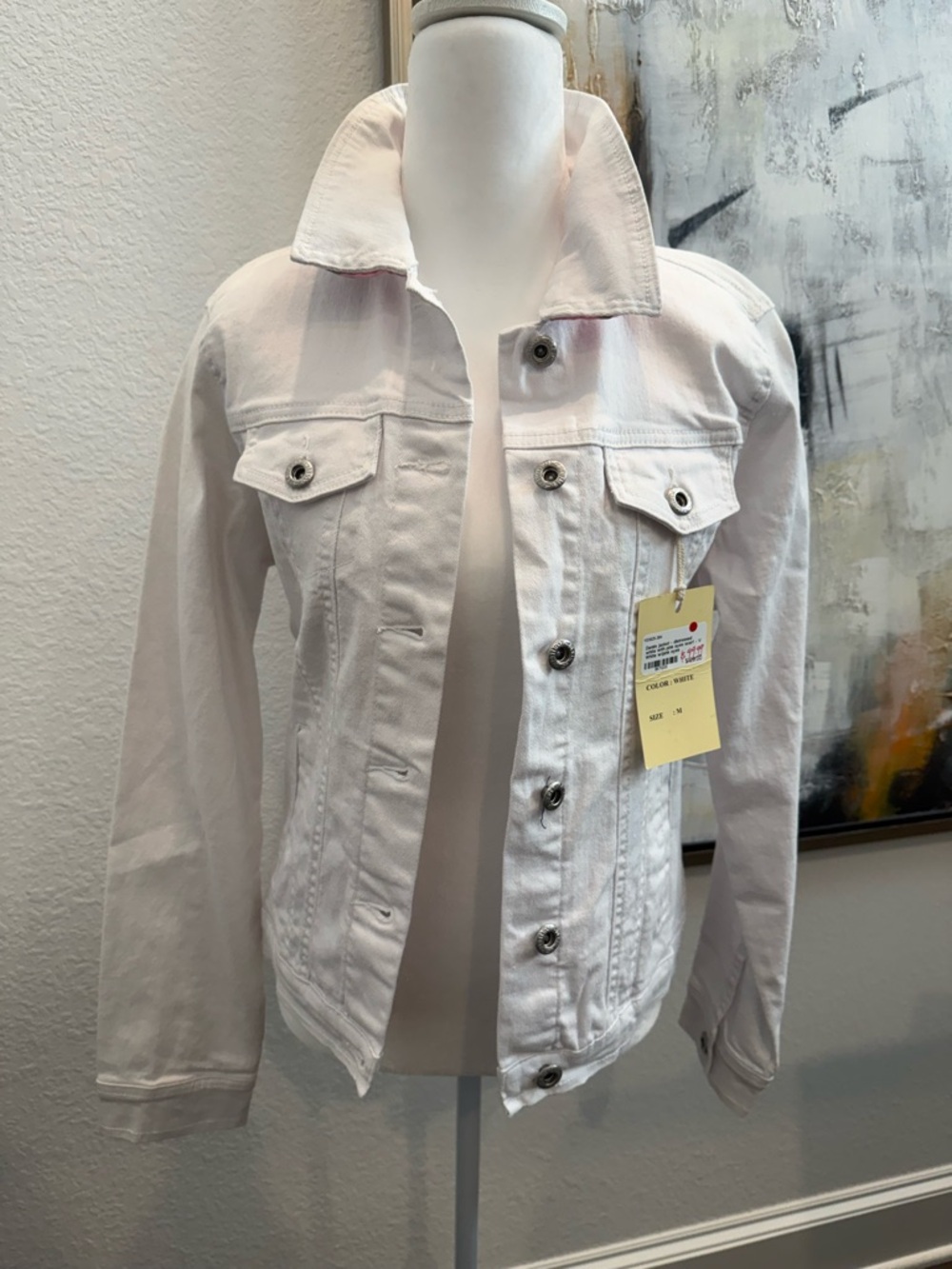 White Distressed Jean Jacket with Pink Eye-Print Scarf Back Panel - Picture 2 of 3